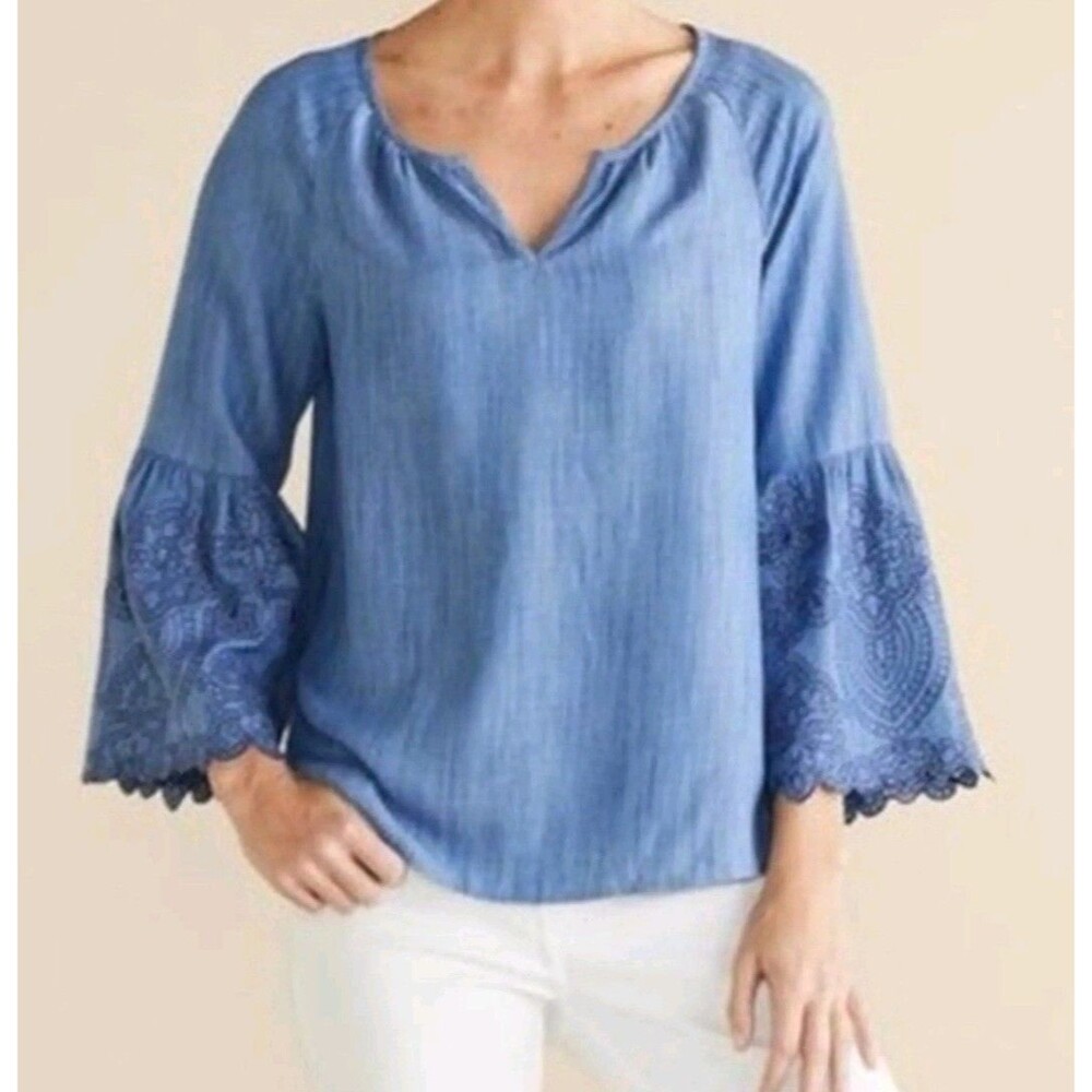 Soft Surroundings Blue Denim Lyocell Embroidered Bell Slv Blouse Boho Petite M